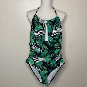 B2 PRITY One Piece Swimsuit Green & White Tropical Leaf Halter Tummy Ruched Med
